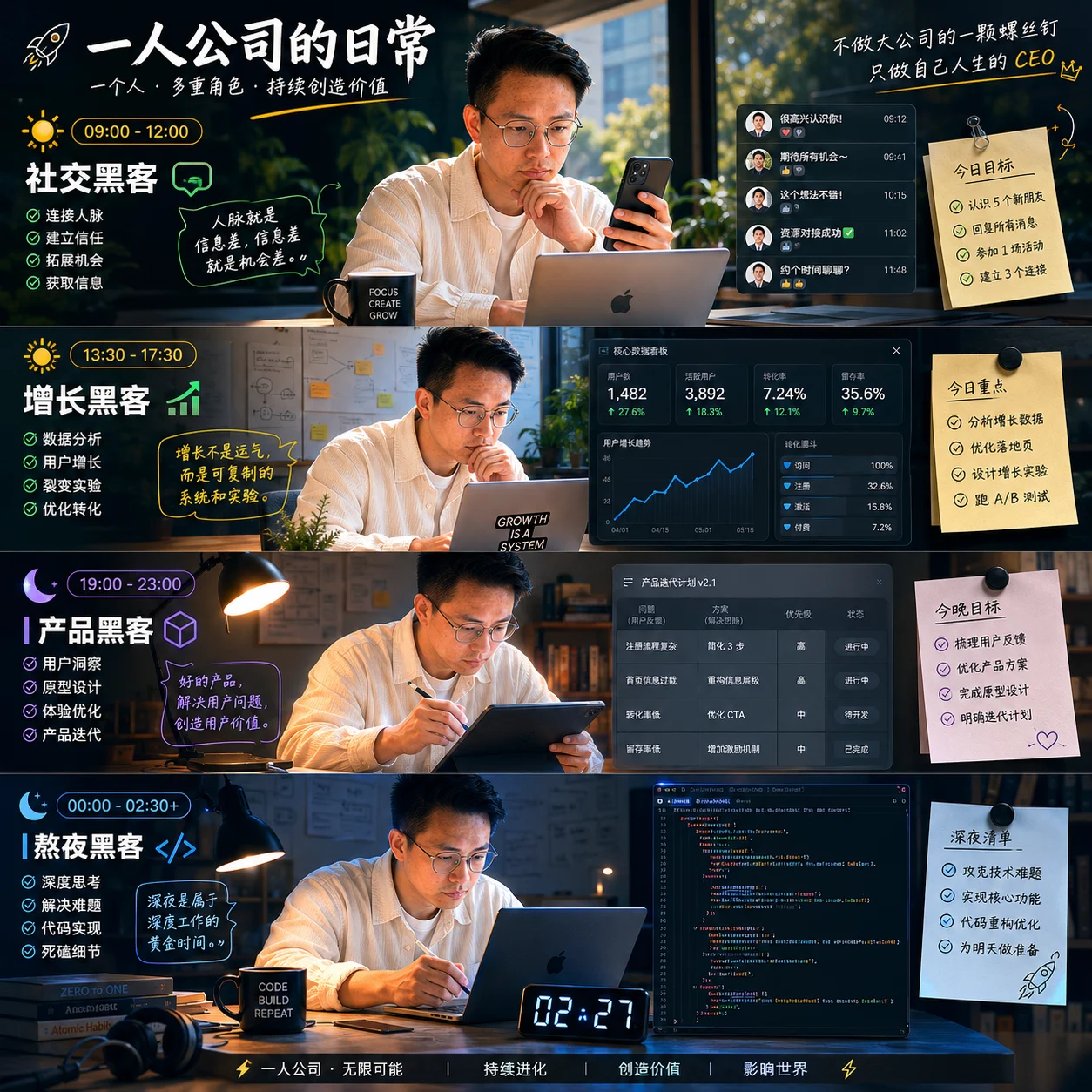 一人公司的日常 — 白天社交黑客 / 下午增长黑客 / 晚上产品黑客 / 深夜熬夜黑客